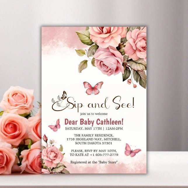 Eine kleine Butterfly-Blumen-Baby-Dusche und sehen Einladung (A Little Butterfly Floral Baby Shower Sip and See Invitation)