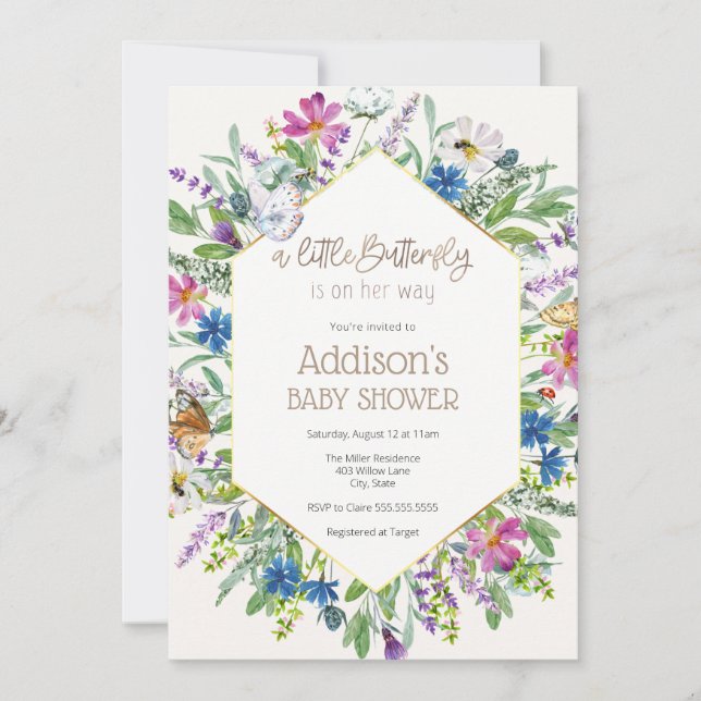 Eine kleine Butterfly ist auf ihrem Weg Baby Dusch Einladung (Vorderseite)