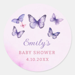 Eine kleine Butterfly-lila Girl-Baby-Dusche Runder Aufkleber
