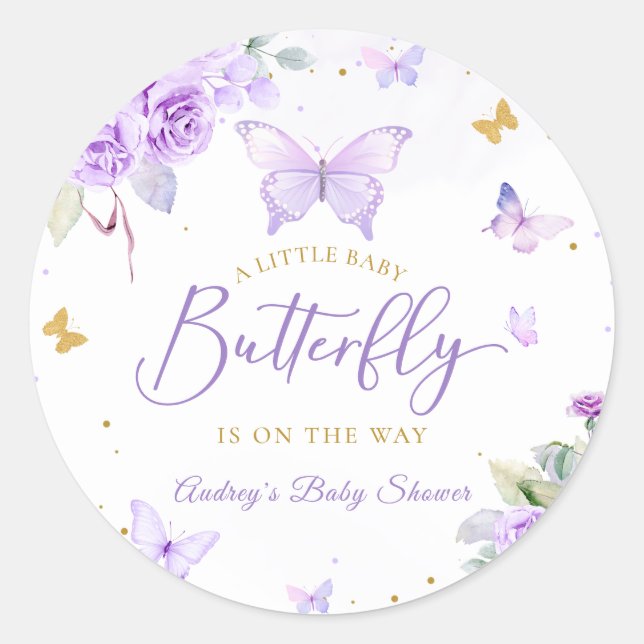 Eine kleine Butterfly-Lila Gold Floral Baby Dusche Runder Aufkleber (Vorderseite)
