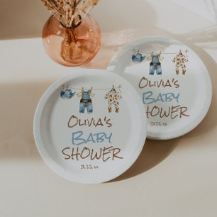 Eine kleine Cowboy-Blau-Braun-Wäscheleine-Baby-Par Pappteller