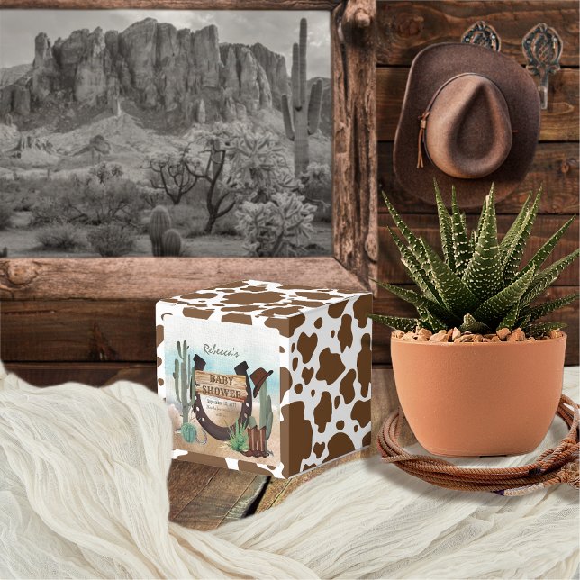 Eine kleine Cowboy-Western-Kinderdusche Geschenkschachtel (Rustic Western Boy Baby Shower Square Favor Box -- "A Little Cowboy Is On His Way" Collection)