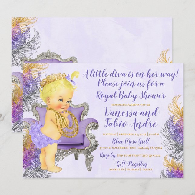 Eine kleine Diva Lila Gold Aquarell Kinderdusche Einladung (Vorne/Hinten)