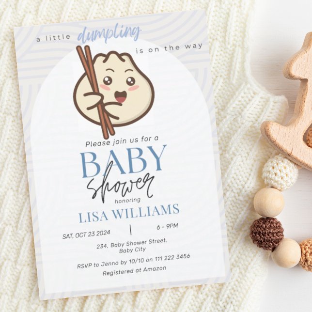 Eine kleine dumme dummy Blue Bao asiatische Babydu Einladung (Little Dumpling Is On Its Way Dusty Blue Cute Kawaii Asian Baby Shower Invitation)