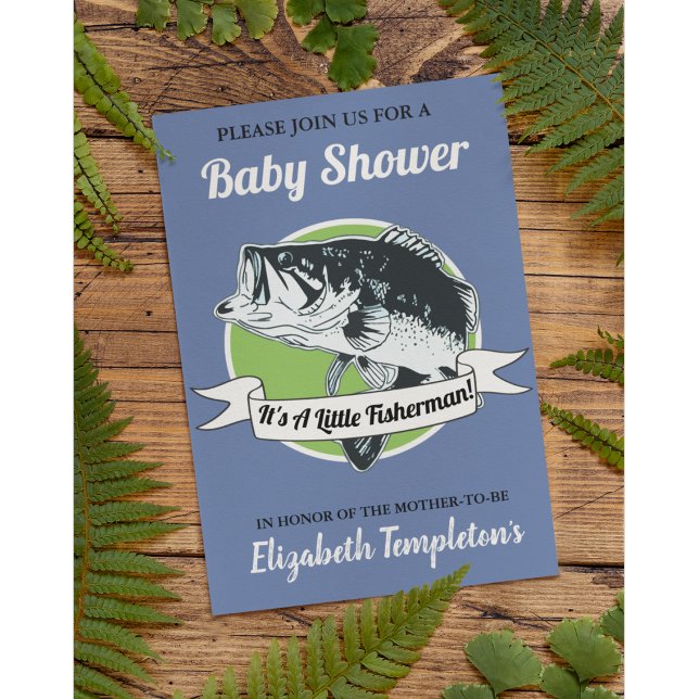 Eine kleine Fischerjungdusche Einladung (Baby shower fishing invitation in blue. It's a little fisherman)