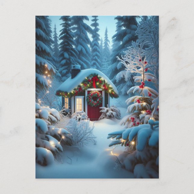 Eine kleine Hütte im Wald | Weihnachten Postkarte (Vorderseite)