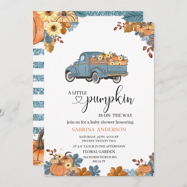 Eine kleine Kürbis-Babydusche Einladung (Vorne/Hinten)