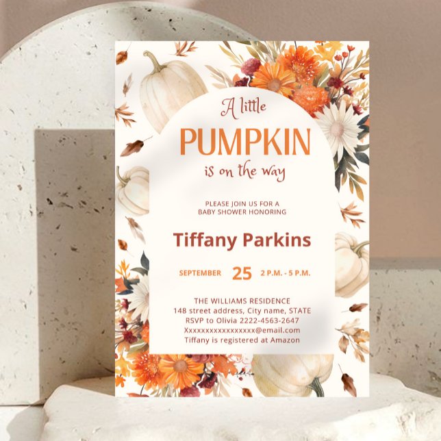 Eine kleine Kürbis-Fall-Blume Kinderdusche Einladung (A little pumpkin is on the way! autumn-themed baby shower invitation with watercolor pumpkins)