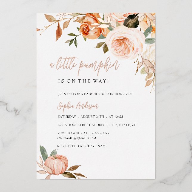 Eine kleine Kürbis Herbst Herbstfoil Kinderdusche Folieneinladung (Vorderseite)