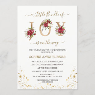 Eine kleine Menge Joy Poinsettia Gold Baby Dusche Einladung