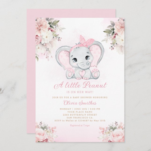 Eine kleine Peanut Floral Elephant Girl Baby Dusch Einladung (Vorne/Hinten)