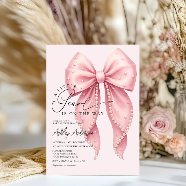 Eine kleine Perle ist auf dem Weg Pink Bow Baby Du Einladung (Von Creator hochgeladen)