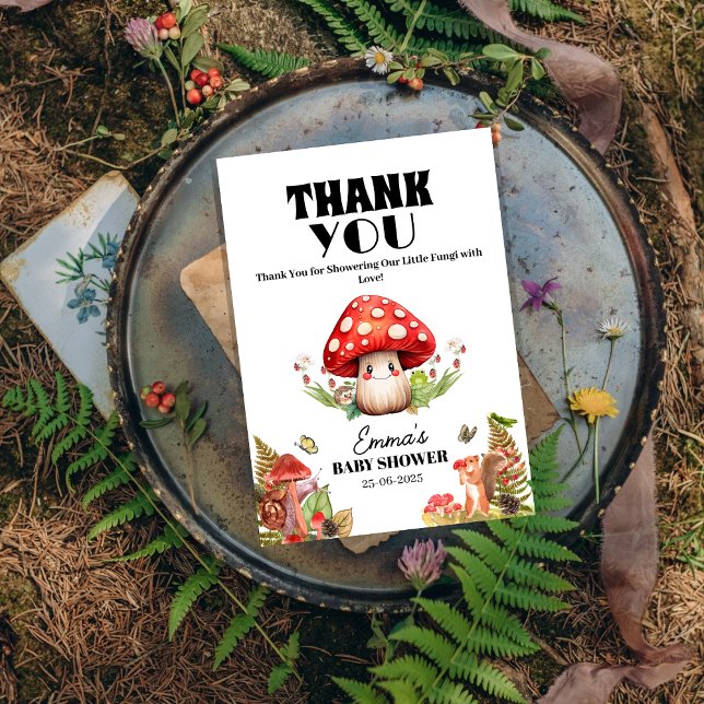 eine kleine Pilzpilzspuppe Butterfly Moth Babydusc Dankeskarte (a Little Fungi Mushroom Butterfly Moth Baby Shower Thank You )