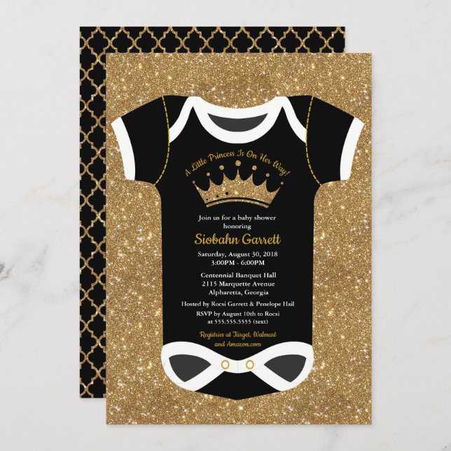 Eine kleine Princess Black & Royal Gold Baby Dusch Einladung (Vorne/Hinten)