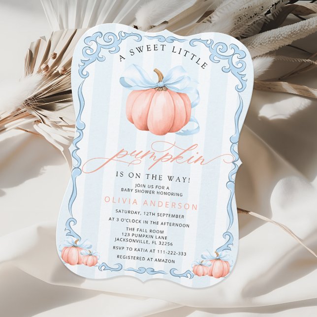Eine kleine Pumpkin Blue Bow Fall Boy Baby Dusche Einladung (Von Creator hochgeladen)