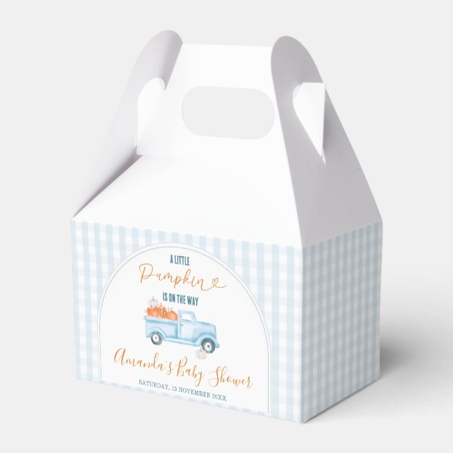 Eine kleine Pumpkin Blue Truck Gingham Baby Dusche Geschenkschachtel (Vorderseite)