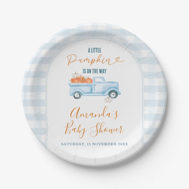 Eine kleine Pumpkin Blue Truck Gingham Baby Dusche Pappteller (Vorderseite)