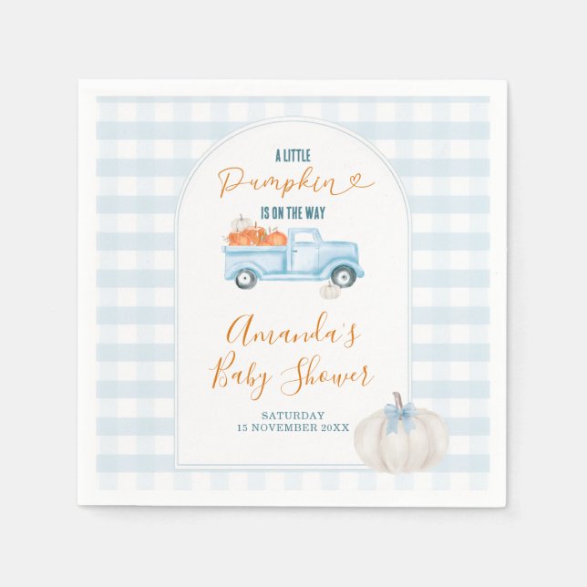 Eine kleine Pumpkin Blue Truck Gingham Baby Dusche Serviette (Vorderseite)