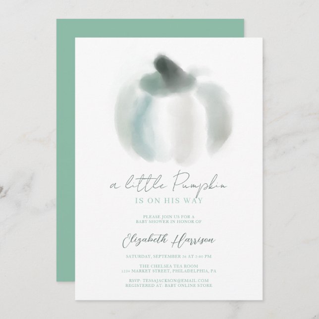 Eine kleine Pumpkin Blue Watercolor Baby Dusche Einladung (Vorne/Hinten)