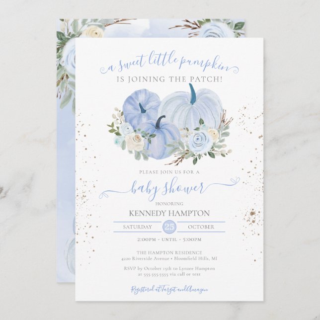 Eine kleine Pumpkin Blue White Boy Girl Baby Dusch Einladung (Vorne/Hinten)