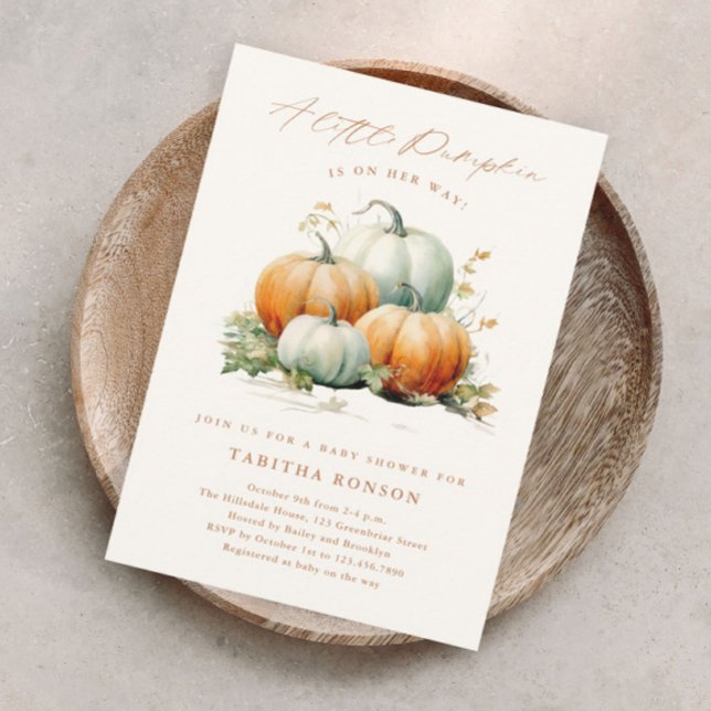 Eine kleine Pumpkin Fall Baby Dusche Magneteinladung (A fall gender neutral baby shower magnetic invitation with handwritten little pumpkin script.)