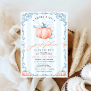 Eine kleine Pumpkin Fall Blue Bow Baby Dusche Einladung