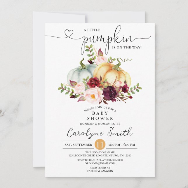 Eine kleine Pumpkin Fall Floral Baby Dusche Einladung (Vorderseite)
