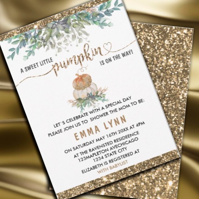 Eine kleine Pumpkin Gold Baby Dusche Einladung (#zazzlemade #pumpkingolg #whitepumpkin #babyshowerinvitation #pumpkinbabyshower #autumnbabyshower #f)
