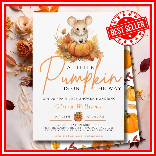 Eine kleine Pumpkin Herbst Herbst MUSTER Kinderdus Einladung (A Little Pumpkin is on the Way Fall Autumn CUTE MOUSE Baby Shower Invitation)