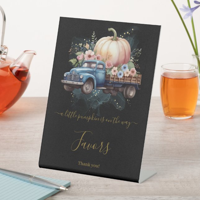 Eine kleine Pumpkin Wasserfarbe Truck Baby Dusche Sockelschild (In Situ)