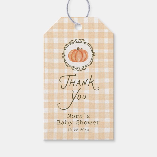 Eine kleine Pumpkin Whimsical Gingham Baby Dusche Geschenkanhänger (Vorderseite)
