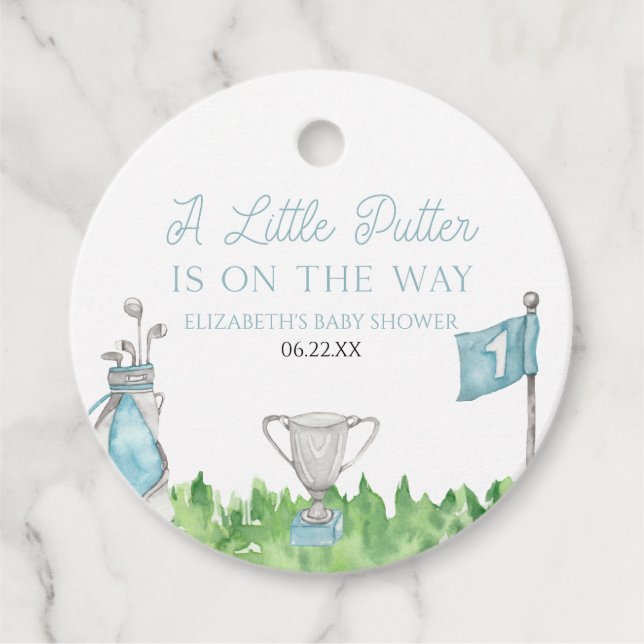 Eine kleine Putter Blue Golf Baby Dusche Geschenkanhänger (Vorderseite)