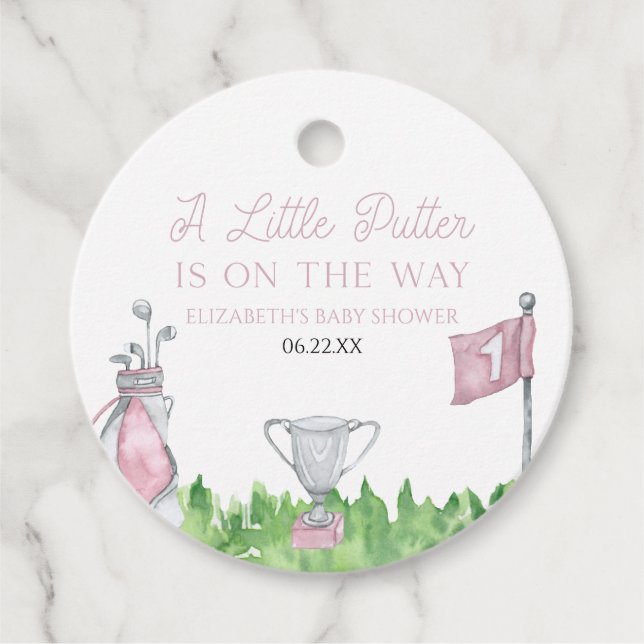 Eine kleine Putter Pink Golf Baby Dusche Geschenkanhänger (Vorderseite)