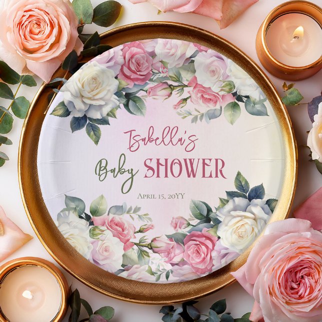 Eine kleine Rose Blumenspül-Babydusche Pappteller (Pink Rose Floral Bouquets Girl Baby Shower Large Round Paper Plates -- A Little Rose Collection)