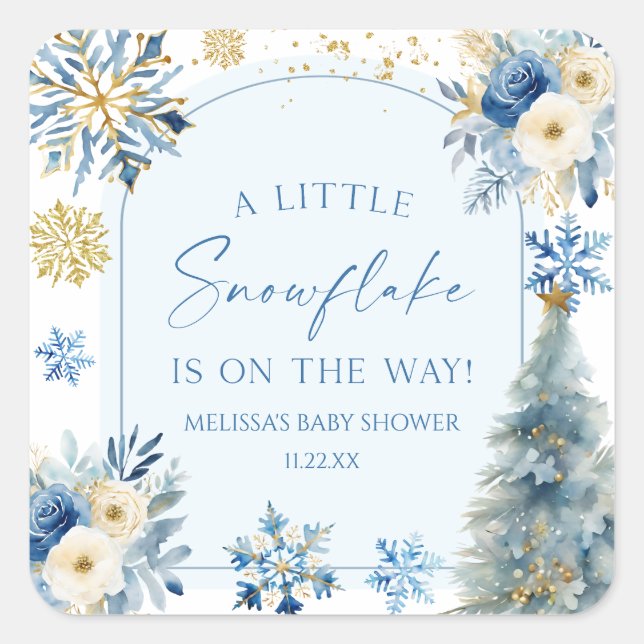 Eine kleine Snowflake Blue Winter Baby Dusche Quadratischer Aufkleber (Vorderseite)