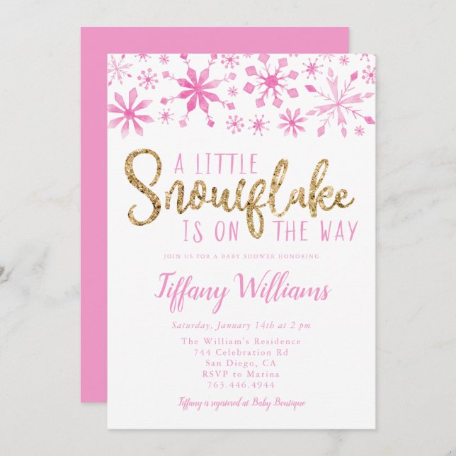 Eine kleine Snowflake Pink Gold Baby Dusche Einladung (Vorne/Hinten)