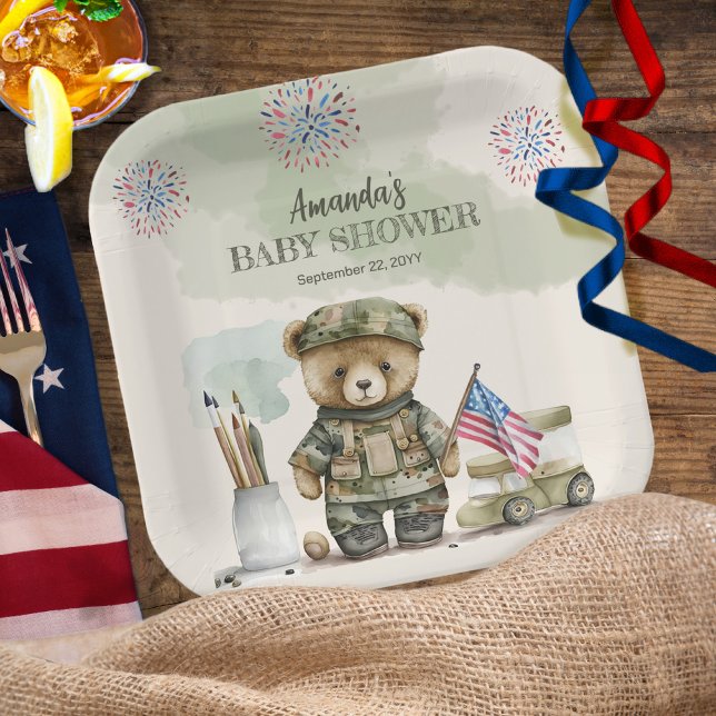 Eine kleine Soldat Junge Teddy Bear Babydusche Pappteller (Von Creator hochgeladen)