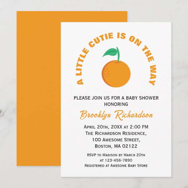 Eine kleine Süsse Gender Neutral Citrus Baby Dusch Einladung (Vorne/Hinten)