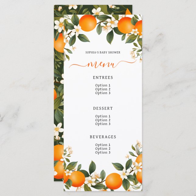 Eine kleine Süsse ist auf dem Weg Mandarine Baby D Menükarte (Vorne/Hinten)