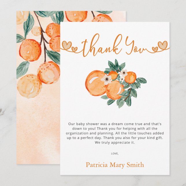 Eine kleine Süsse ist unterwegs mit einer orangefa Dankeskarte (Vorne/Hinten)