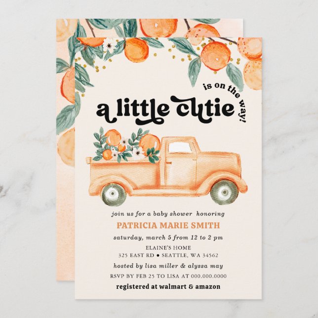 Eine kleine Süsse ist unterwegs mit einer orangefa Einladung (Vorne/Hinten)