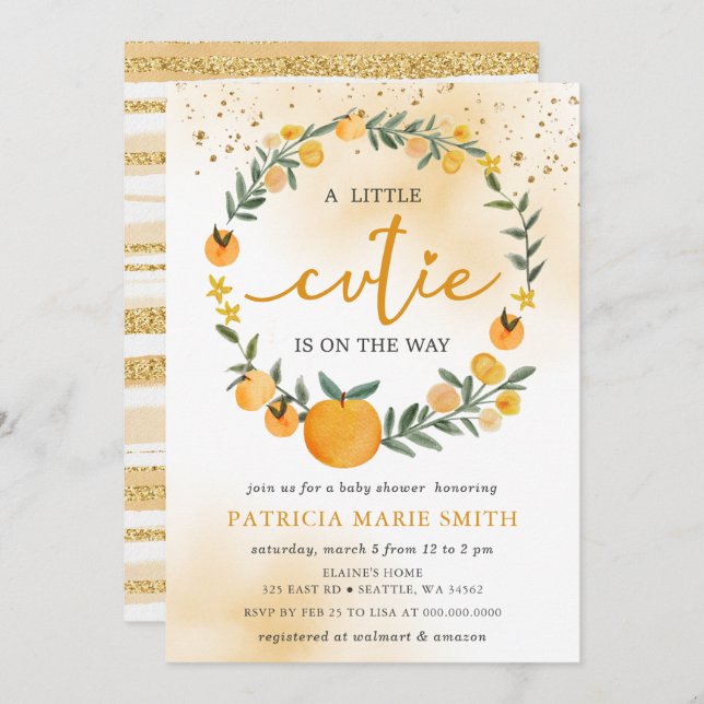 Eine kleine Süsse ist unterwegs mit einer orangefa Einladung (Vorne/Hinten)