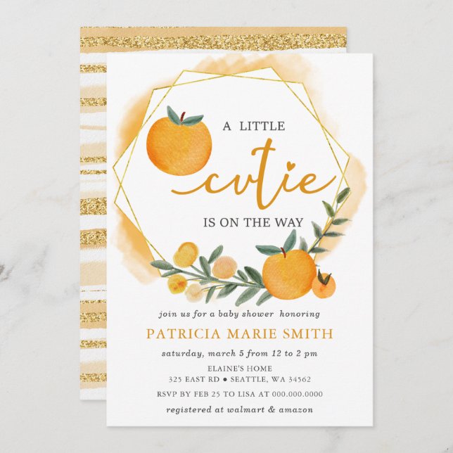 Eine kleine Süsse ist unterwegs mit einer orangefa Einladung (Vorne/Hinten)