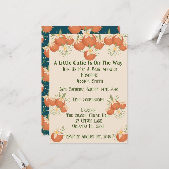 Eine kleine Süsse ist unterwegs - Orange Blossom A Einladung (Vorderseite/Rückseite Beispiel)