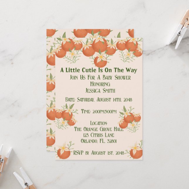 Eine kleine Süsse ist unterwegs - Orangefarbenes B Einladung (Vorderseite/Rückseite Beispiel)