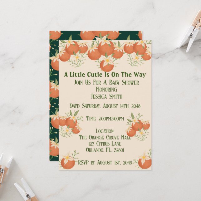 Eine kleine Süsse ist unterwegs - Orangenblussel Einladung (Vorderseite/Rückseite Beispiel)