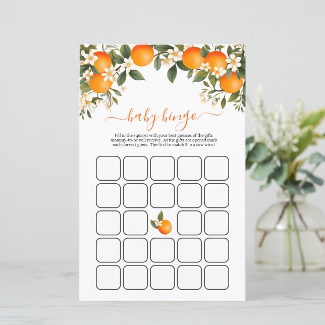 Eine kleine Süsse Orange Baby Shower Bingo-Spiel (Stehend Vorderseite)
