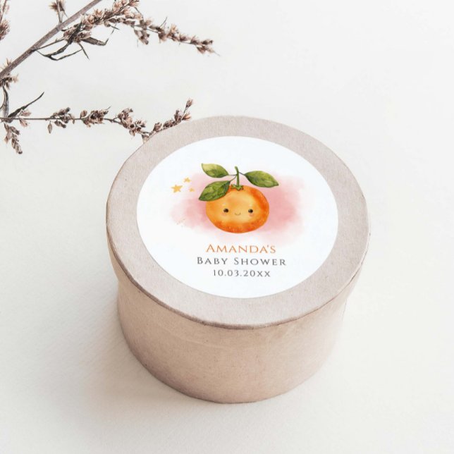 Eine kleine Süsse Orange Clementine Baby Dusche Runder Aufkleber (Von Creator hochgeladen)