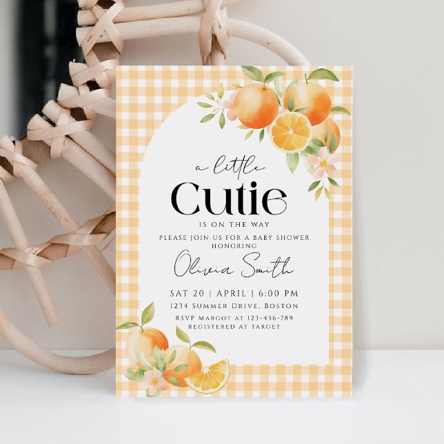 Eine kleine Süsse Orange Gingham Citrus Baby Dusch Einladung (Von Creator hochgeladen)