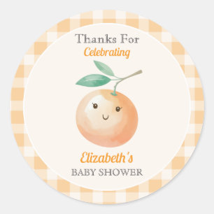 Eine kleine süße orange Gingham-Zitrus-Baby-Party Runder Aufkleber